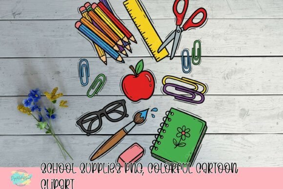 School Supplies PNG, Colorful Cartoon Clipart